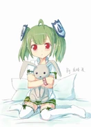 龙崎逸版绿坝娘。外貌特点是绿色双马尾，红曈，呆毛，白色衬衫、青蓝色发卡或发带，短裙，白丝等