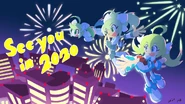 2020新年，人物（从右至左）为歌琳·丹（《翠梦的炼晶术师》的形象前身）、歌琳·丹（翠梦IMPACT）、小马OC“翡翠绿”