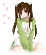 larbi式绿坝娘。特点是不戴帽子，棕黑双马尾，兔子发饰